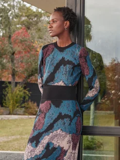 Misook Dresses|Abstract Sheath Jacquard Knit Maxi Dress