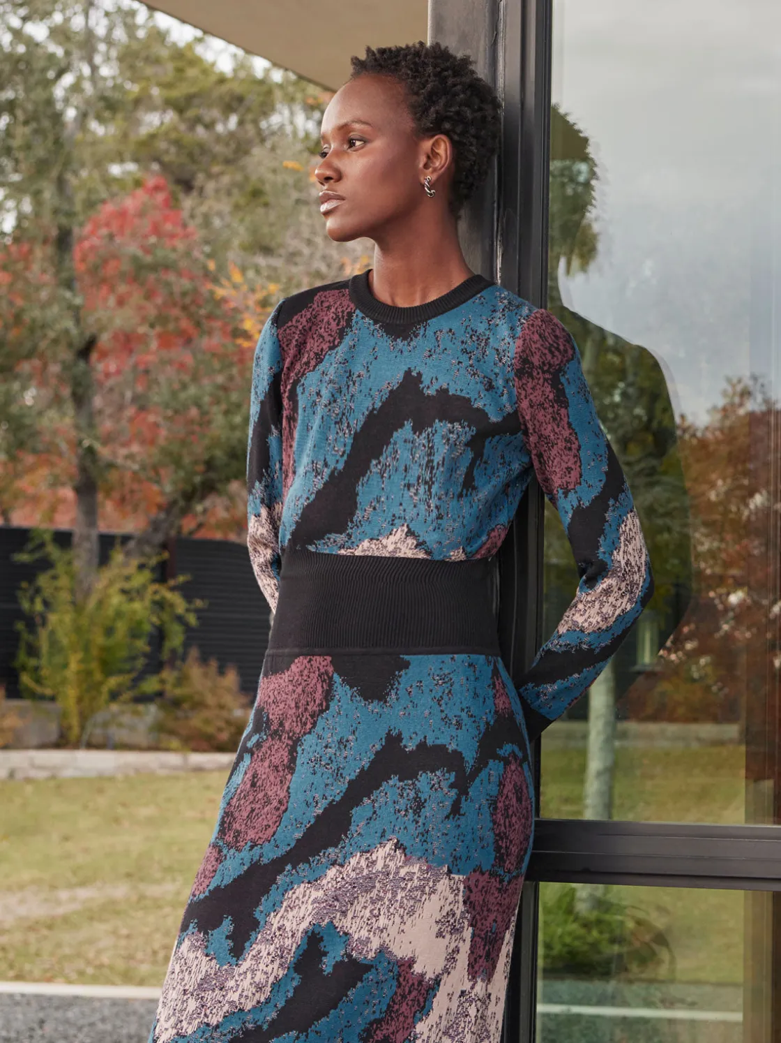 Misook Dresses|Abstract Sheath Jacquard Knit Maxi Dress