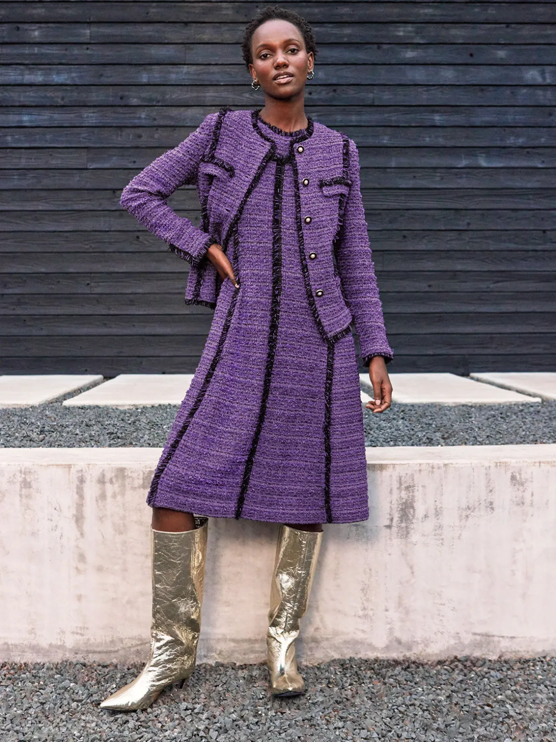 Misook Dresses|A-Line Princess Seam Fringe Trim Knit Dress