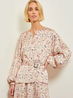 Misook Blouses & Shirts|Tops & Tees|Balloon Sleeve Belted Blouse - Floral Print Crepe de Chine