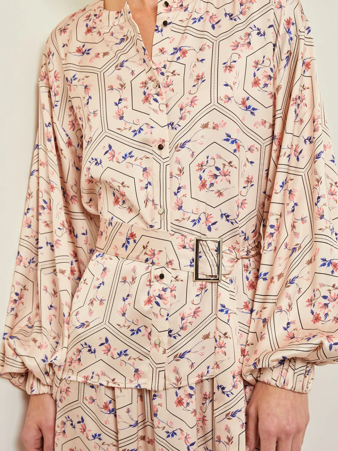 Misook Blouses & Shirts|Tops & Tees|Balloon Sleeve Belted Blouse - Floral Print Crepe de Chine