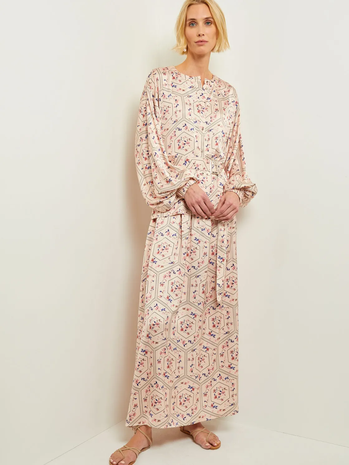 Misook Blouses & Shirts|Tops & Tees|Balloon Sleeve Belted Blouse - Floral Print Crepe de Chine