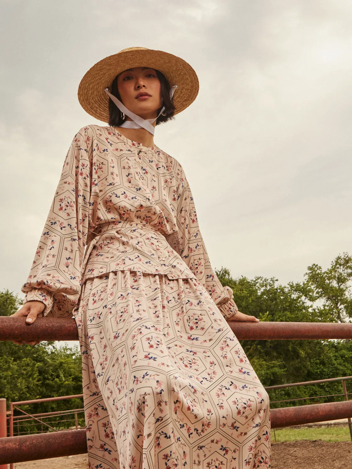 Misook Blouses & Shirts|Tops & Tees|Balloon Sleeve Belted Blouse - Floral Print Crepe de Chine