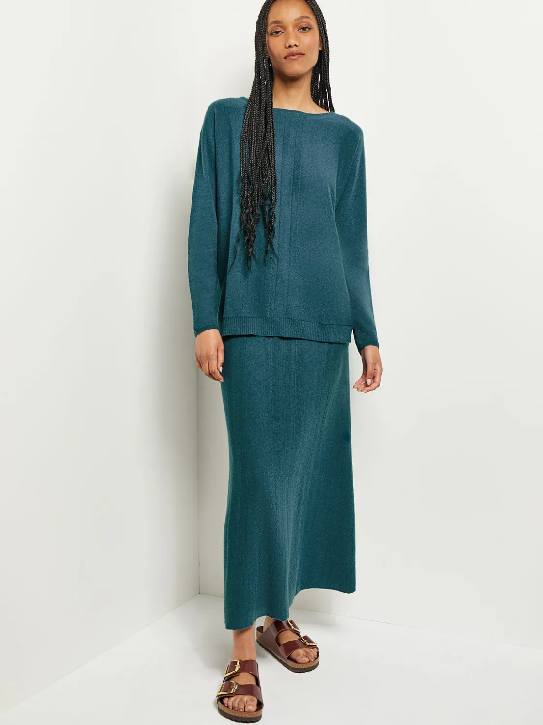 Misook Tops & Tees|Boat Neck Textural Stripe Cashmere Tunic