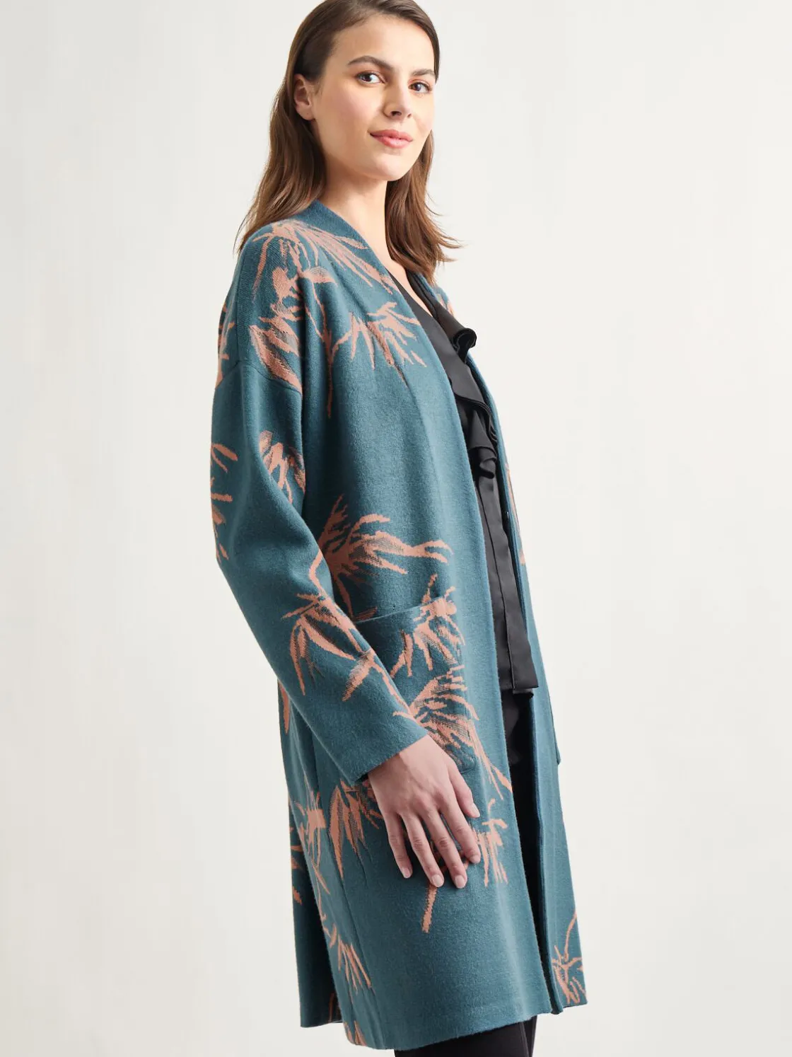 Misook Jackets & Coats|Botanical Print Open Front Long Jacquard Knit Jacket