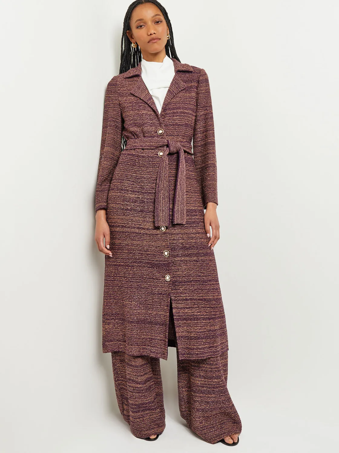 Misook Jackets & Coats|Button Front Duster - Belted Tweed Knit