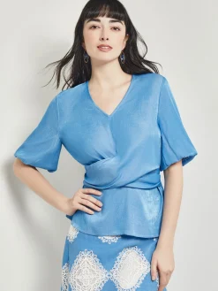 Misook Blouses & Shirts|Tops & Tees|Crossover Peplum Blouse - Puff Sleeve Woven