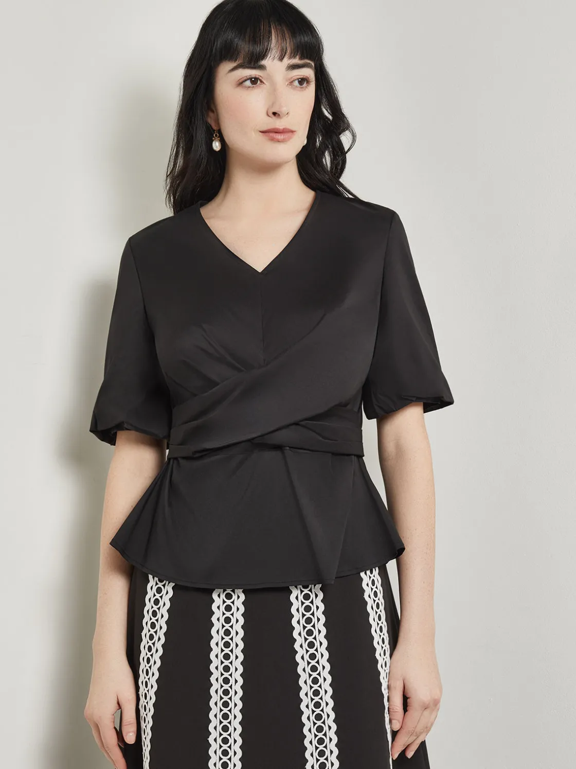 Misook Blouses & Shirts|Tops & Tees|Crossover Peplum Blouse - Puff Sleeve Woven