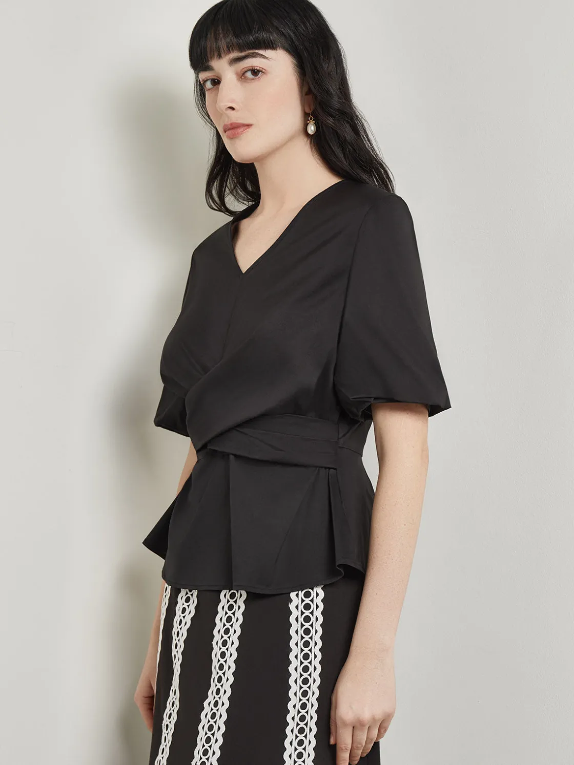 Misook Blouses & Shirts|Tops & Tees|Crossover Peplum Blouse - Puff Sleeve Woven