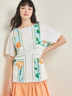 Misook Tops & Tees|Dolman Sleeve Boat Neck Tunic - Cotton Floral Panel Soft Knit