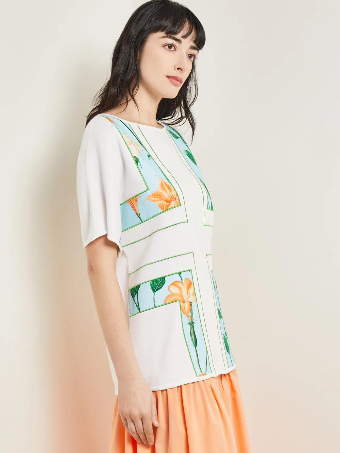 Misook Tops & Tees|Dolman Sleeve Boat Neck Tunic - Cotton Floral Panel Soft Knit