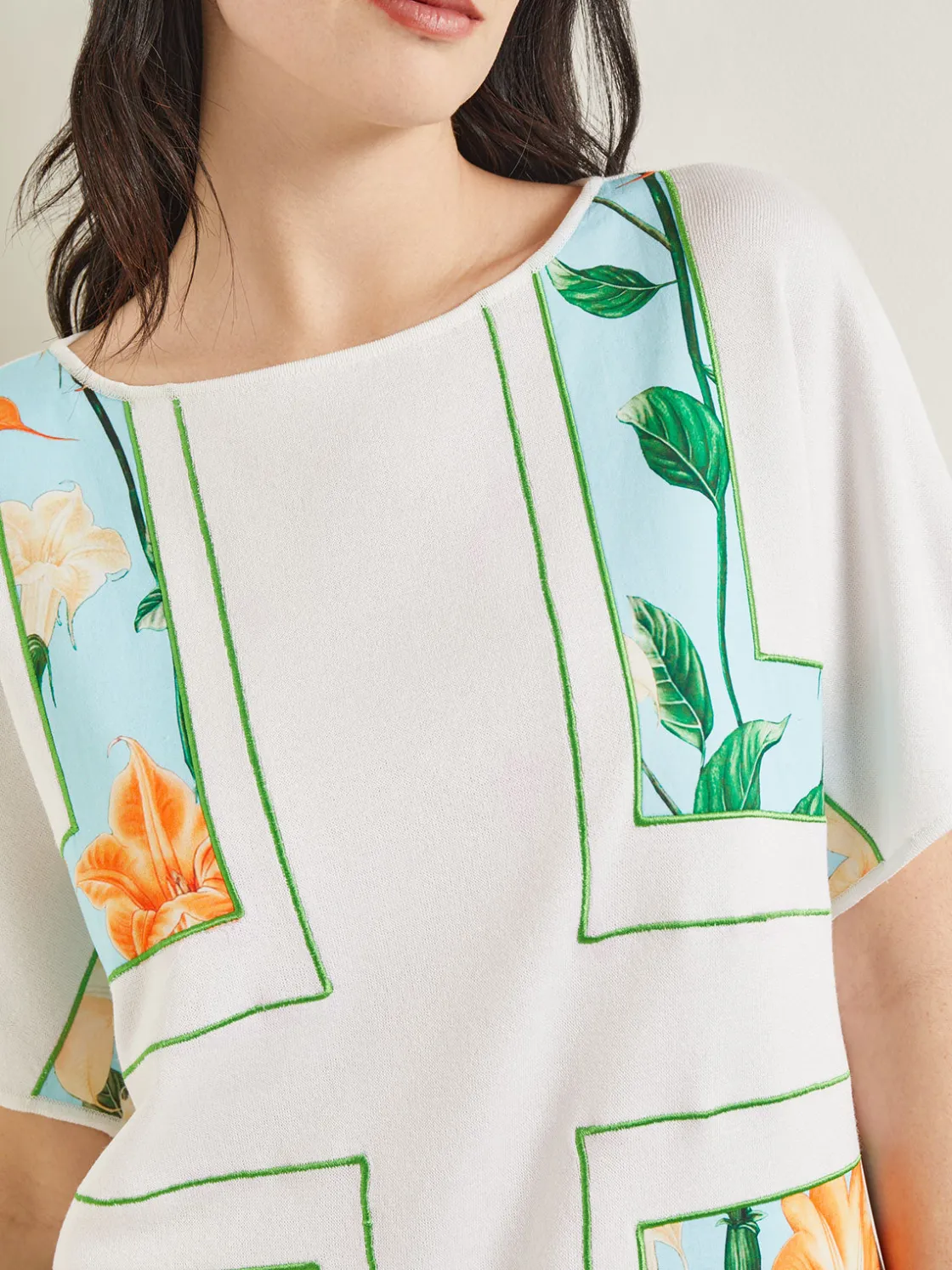 Misook Tops & Tees|Dolman Sleeve Boat Neck Tunic - Cotton Floral Panel Soft Knit