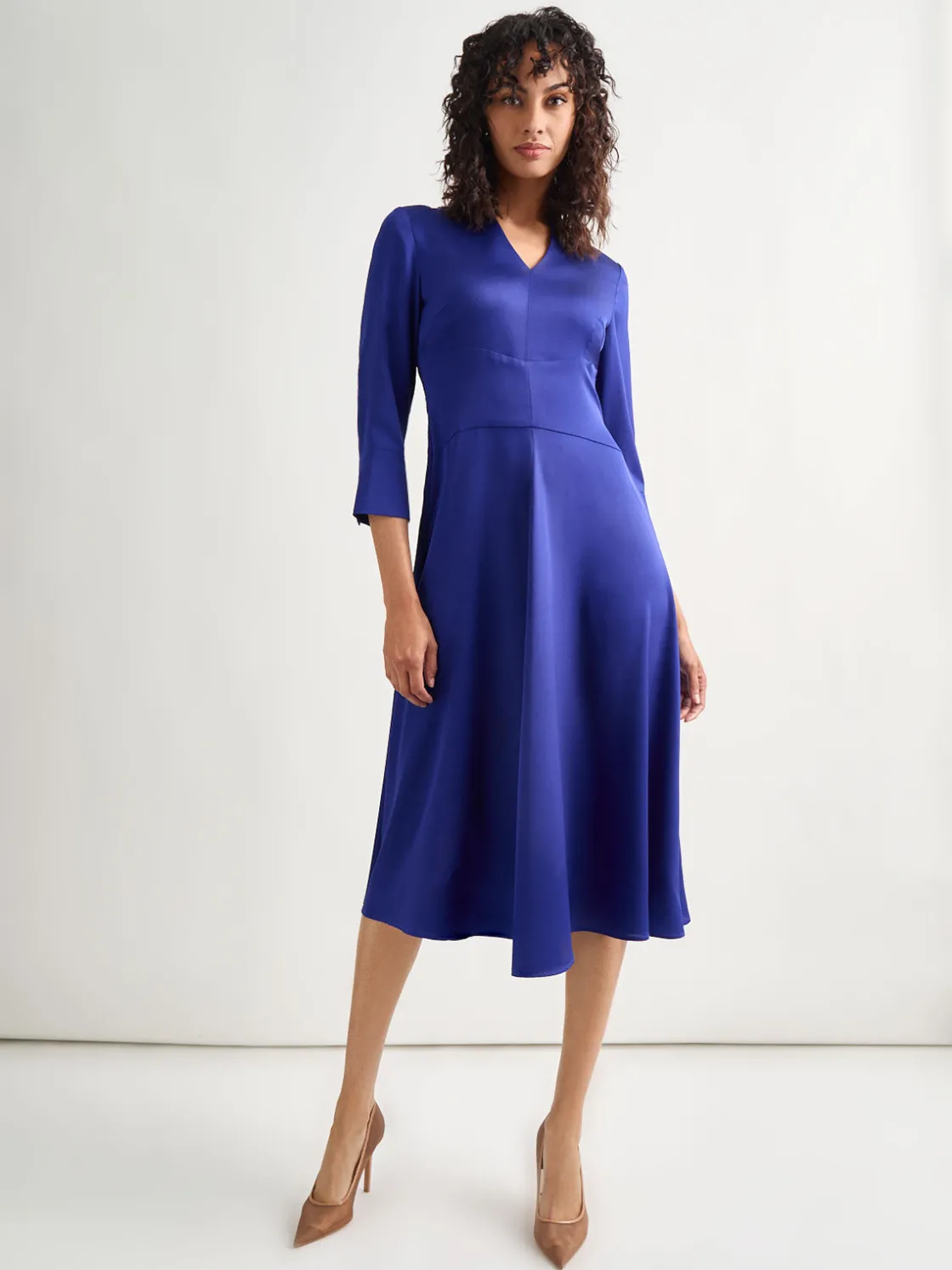 Misook Dresses|Fit-and-Flare Crepe de Chine Midi Dress