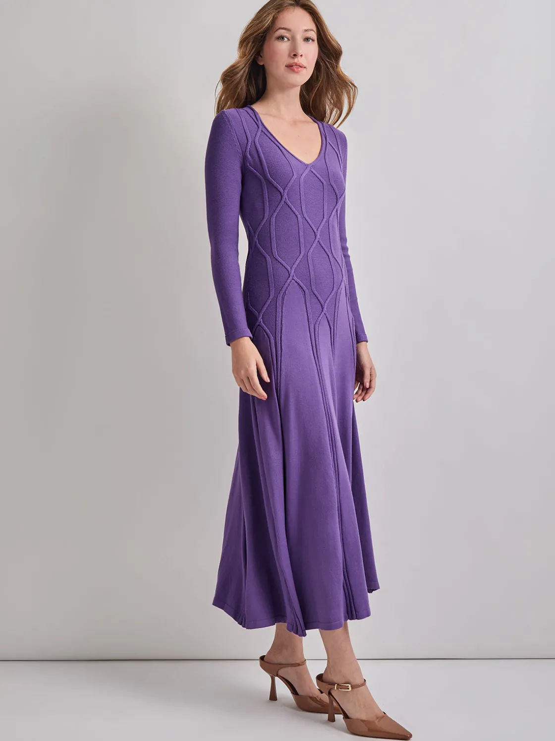 Misook Dresses|Fit-and-Flare Raised Geometric Recycled Knit Maxi Dress