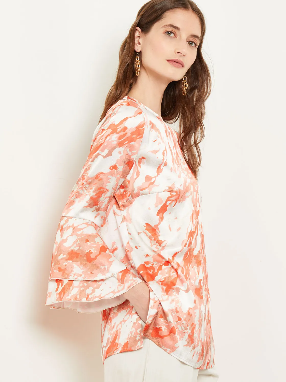 Misook Blouses & Shirts|Tops & Tees|Flounce Sleeve Blouse - Jewel Neck Print Crepe de Chine