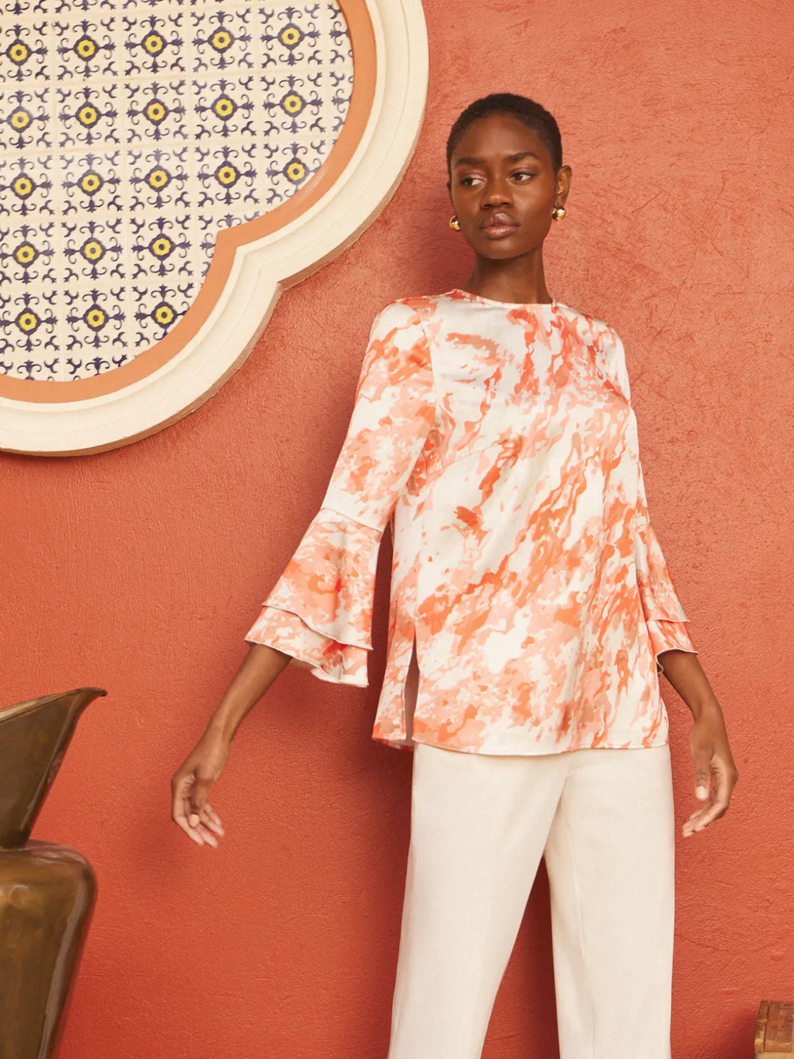 Misook Blouses & Shirts|Tops & Tees|Flounce Sleeve Blouse - Jewel Neck Print Crepe de Chine