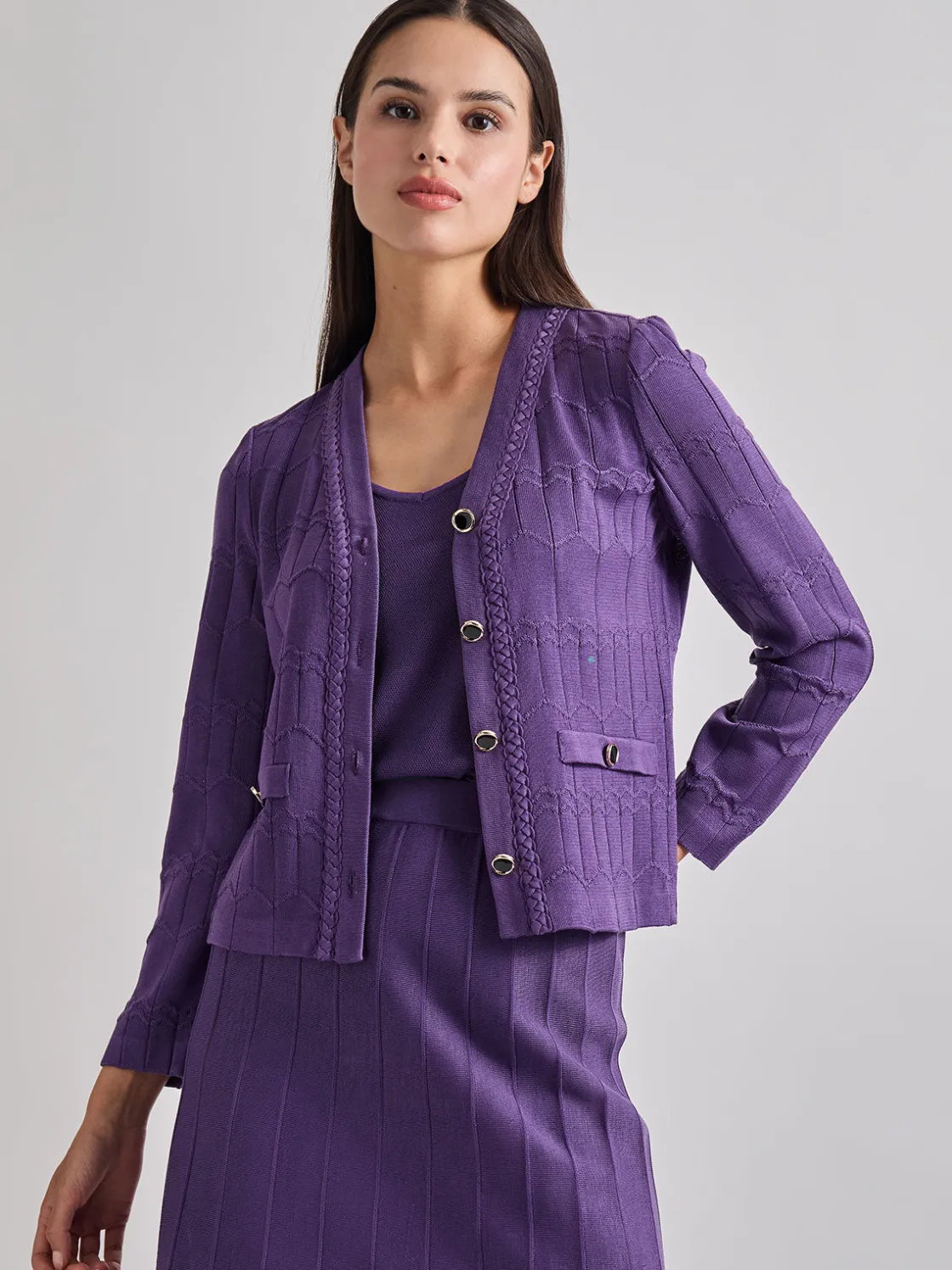 Misook Jackets & Coats|Heritage Fit Braided Trim Tonal Zig-Zag Knit Cardigan