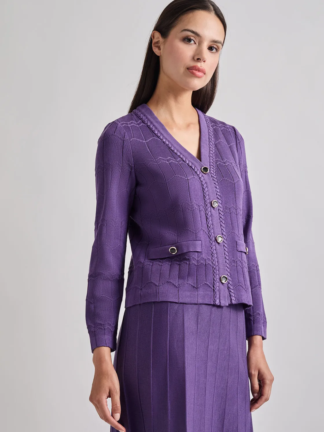 Misook Jackets & Coats|Heritage Fit Braided Trim Tonal Zig-Zag Knit Cardigan