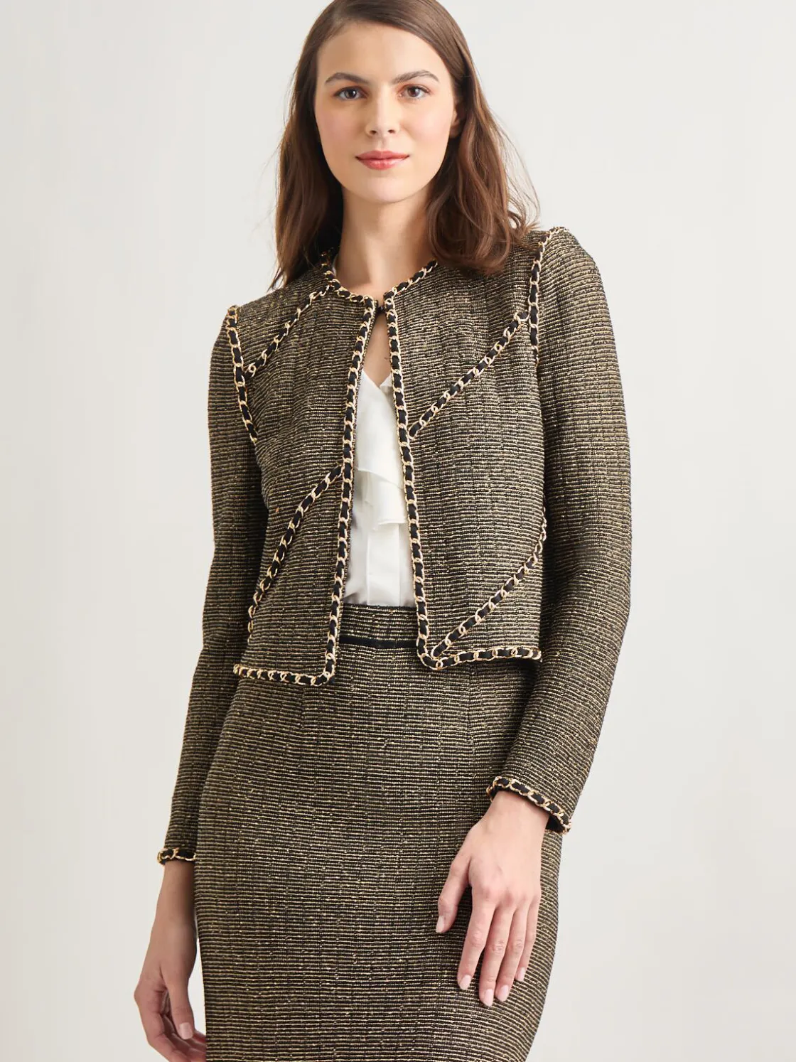 Misook Jackets & Coats|Heritage Fit Curbed Chain Trim Lurex Knit Jacket