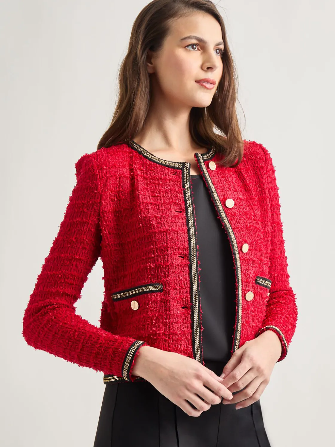 Misook Jackets & Coats|Heritage Fit Double Chain Trim Eyelash Knit Jacket
