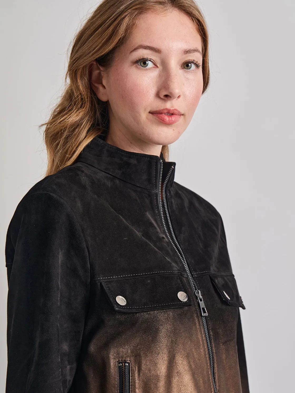 Misook Jackets & Coats|Heritage Fit Gold Ombre Suede Leather Trucker Jacket