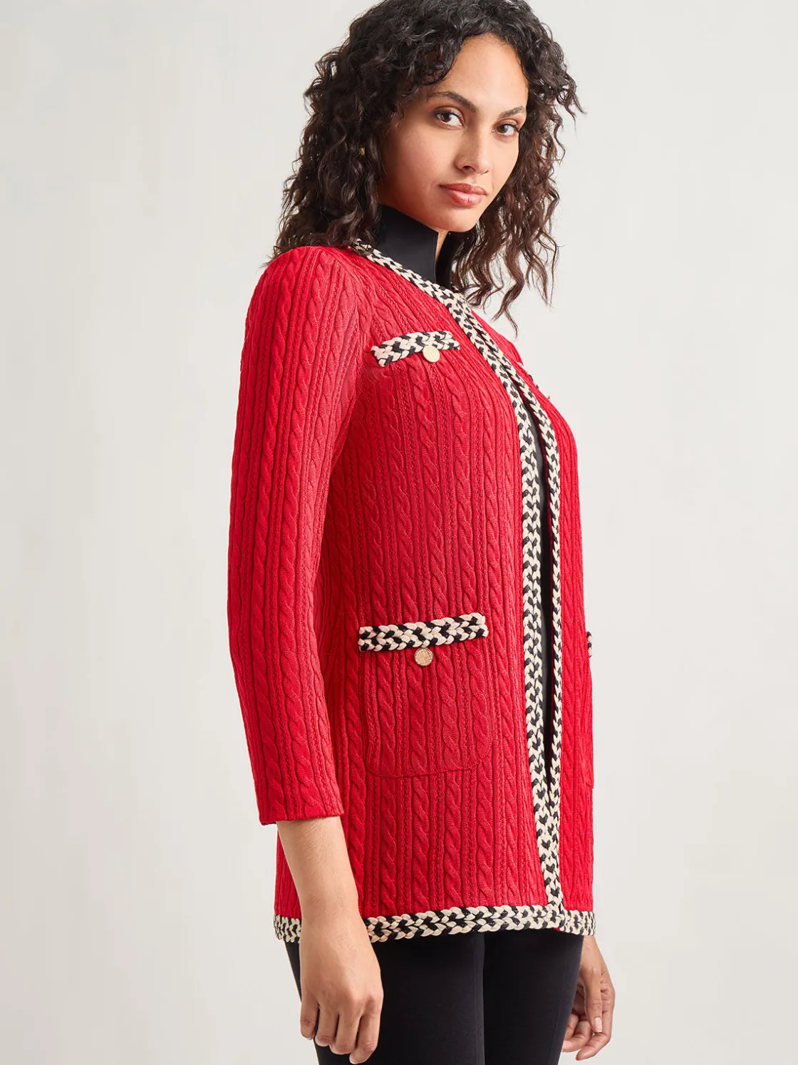 Misook Jackets & Coats|Jewel Neck Contrast Trim Cable Knit Jacket