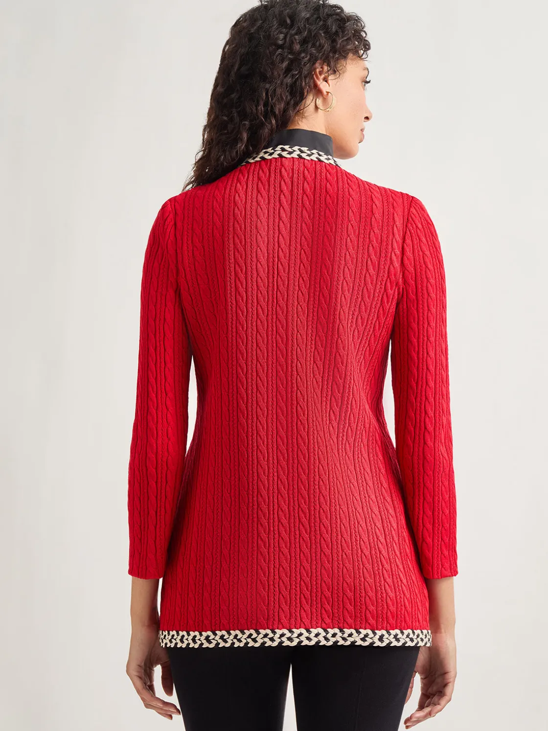 Misook Jackets & Coats|Jewel Neck Contrast Trim Cable Knit Jacket