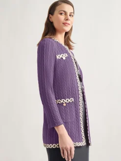 Misook Jackets & Coats|Jewel Neck Contrast Trim Cable Knit Jacket