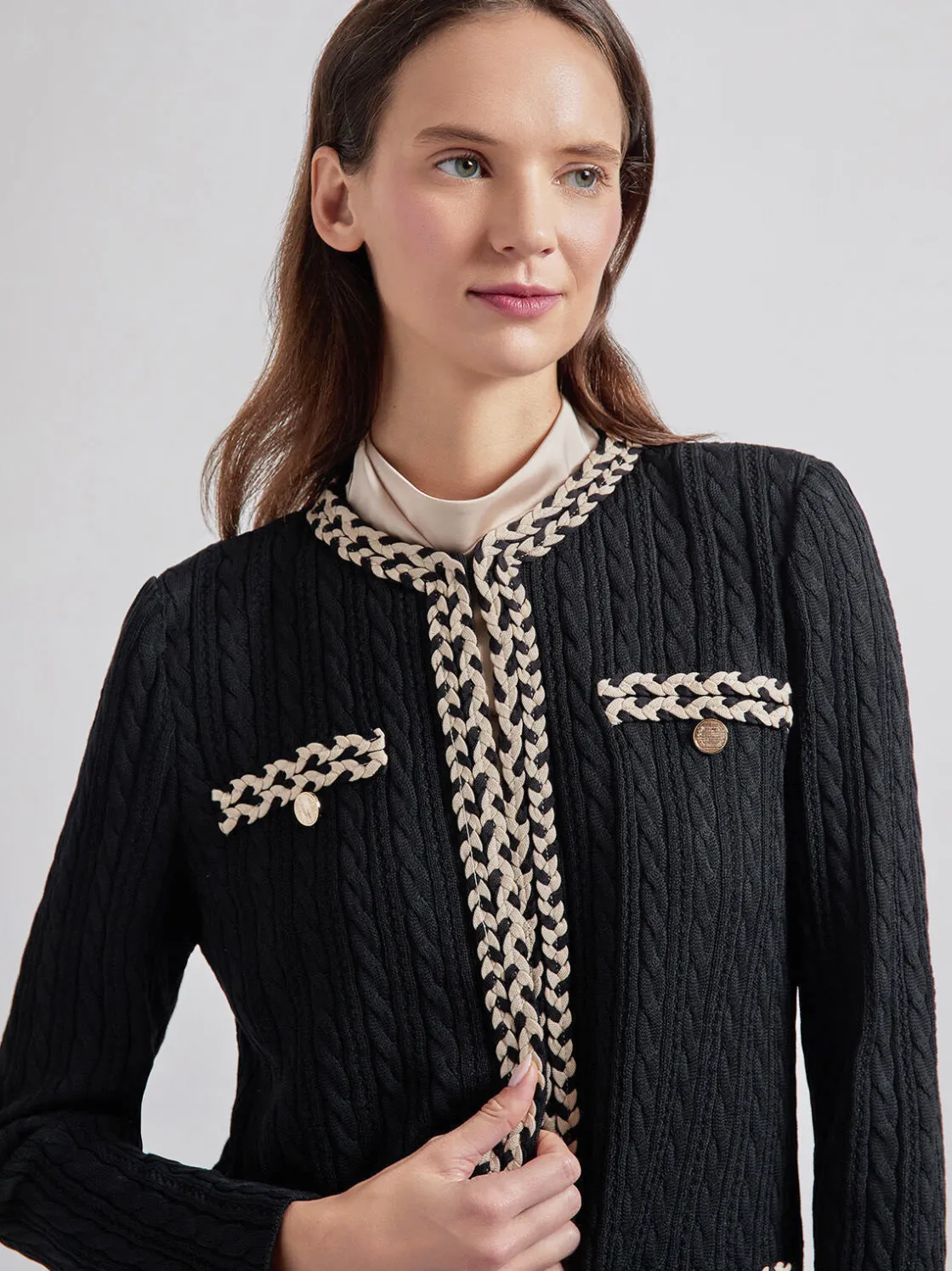 Misook Jackets & Coats|Jewel Neck Contrast Trim Cable Knit Jacket