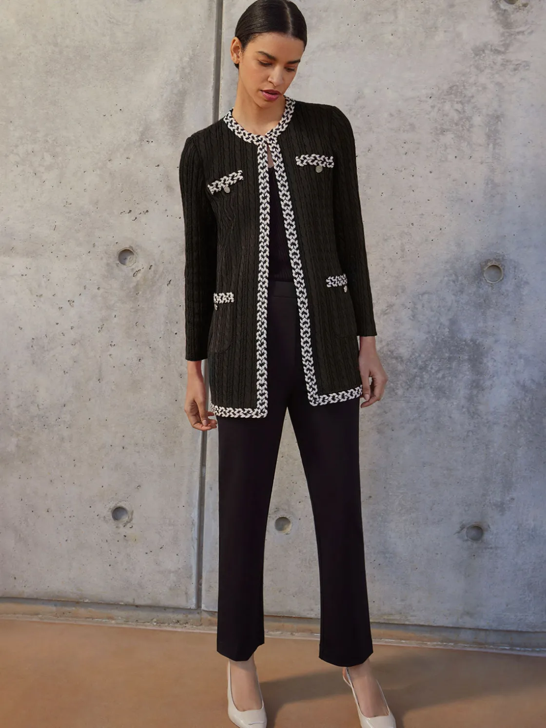 Misook Jackets & Coats|Jewel Neck Contrast Trim Cable Knit Jacket