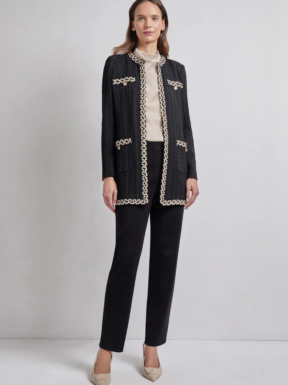 Misook Jackets & Coats|Jewel Neck Contrast Trim Cable Knit Jacket