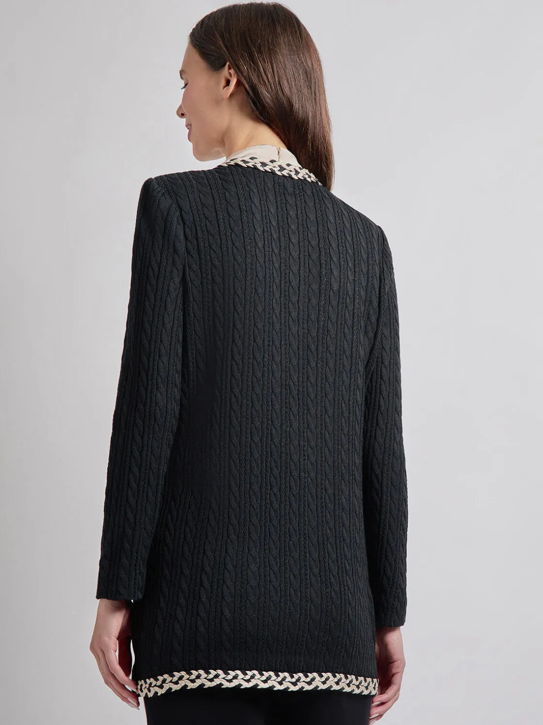 Misook Jackets & Coats|Jewel Neck Contrast Trim Cable Knit Jacket