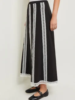 Misook Skirts|Maxi A-Line Skirt - Eyelet Trim Woven Twill