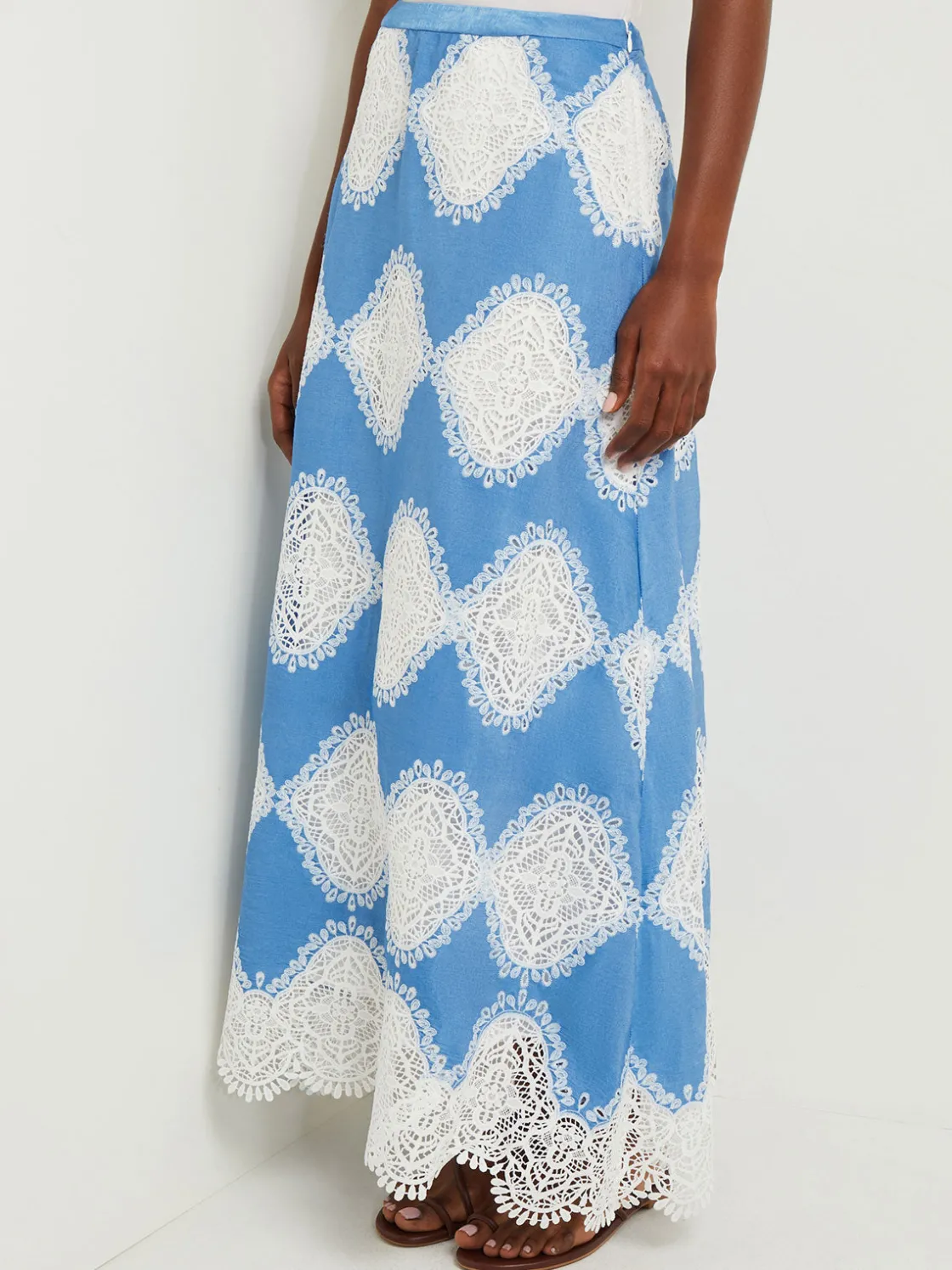 Misook Skirts|Maxi A-Line Skirt - Lace Inset Novelty Woven