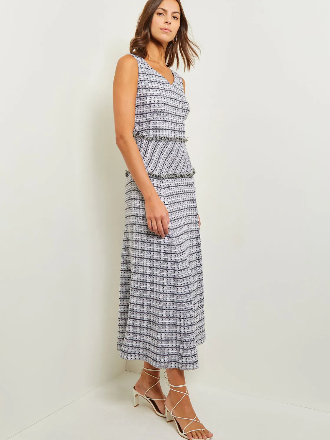 Misook Dresses|Maxi Drop Waist Dress - Fringe Trim Soft Tweed Knit