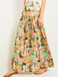 Misook Skirts|Maxi Drop Waist Skirt - Pleated Watercolor Woven