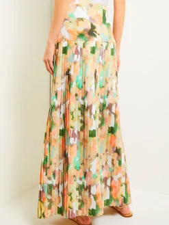 Misook Skirts|Maxi Drop Waist Skirt - Pleated Watercolor Woven