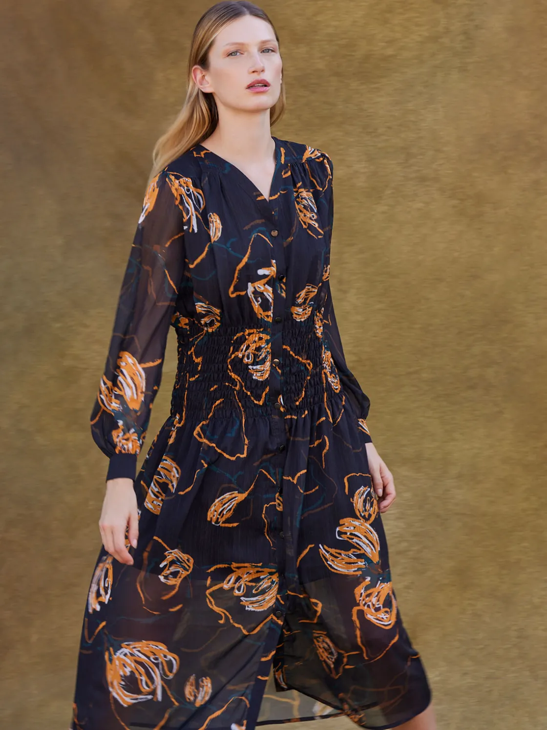 Misook Dresses|Maxi Fit & Flare Dress - Printed Woven Chiffon