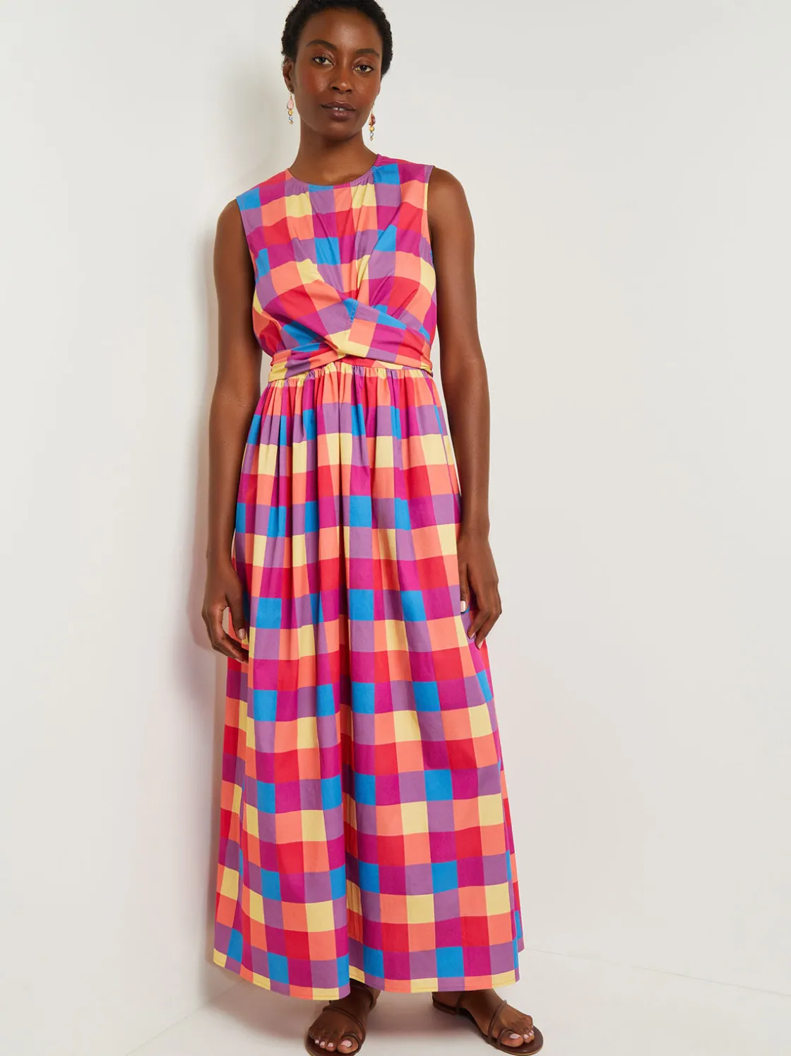 Misook Dresses|Maxi Tie Waist Dress - Plaid Cotton Blend