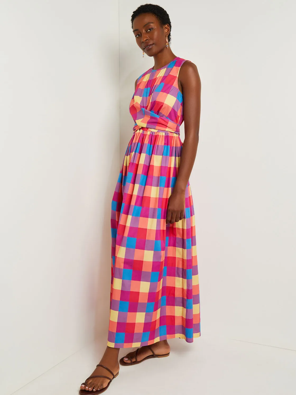 Misook Dresses|Maxi Tie Waist Dress - Plaid Cotton Blend