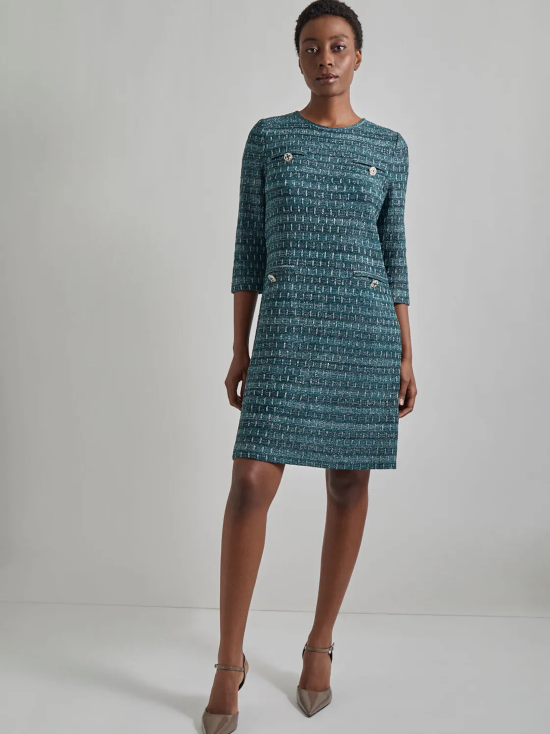Misook Dresses|Metallic Accent Tweed Knit Shift Dress