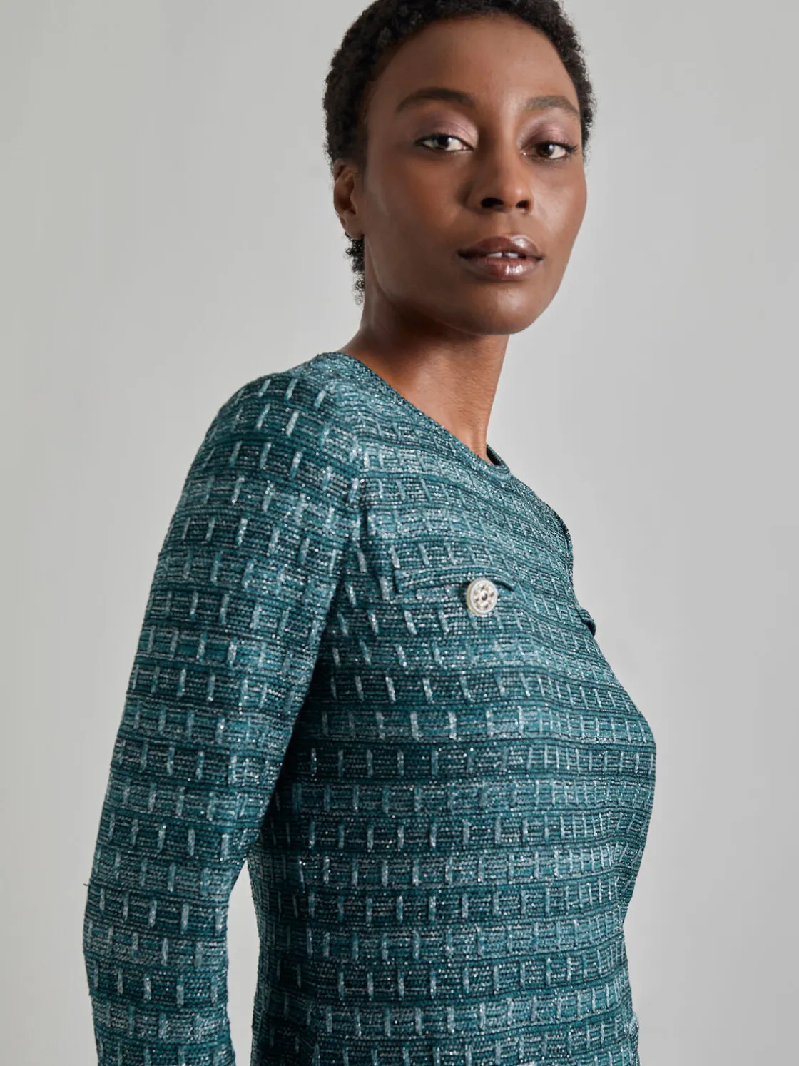 Misook Dresses|Metallic Accent Tweed Knit Shift Dress