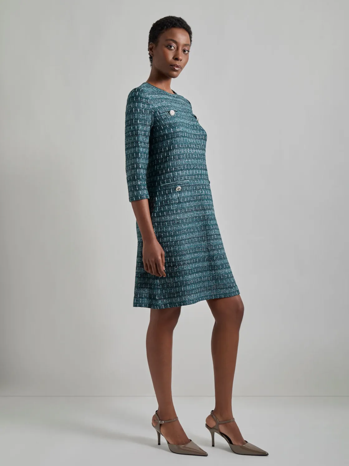 Misook Dresses|Metallic Accent Tweed Knit Shift Dress