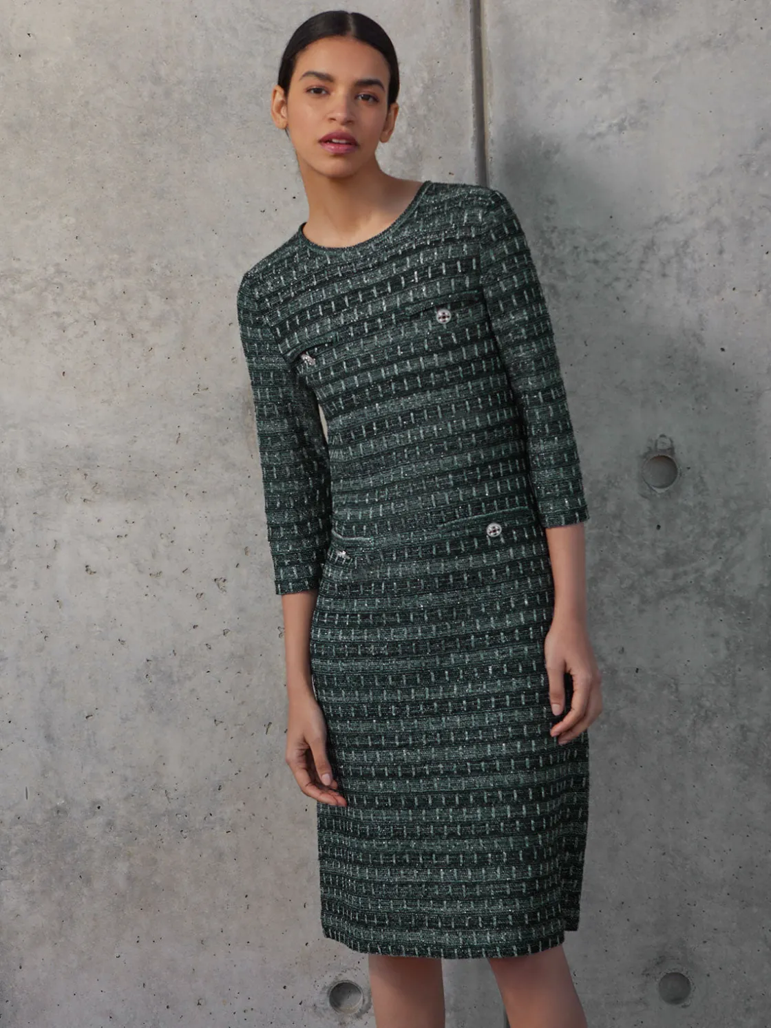 Misook Dresses|Metallic Accent Tweed Knit Shift Dress
