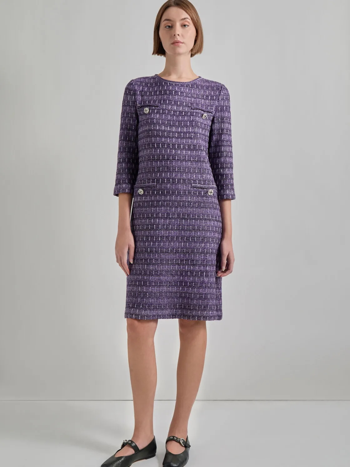 Misook Dresses|Metallic Accent Tweed Knit Shift Dress