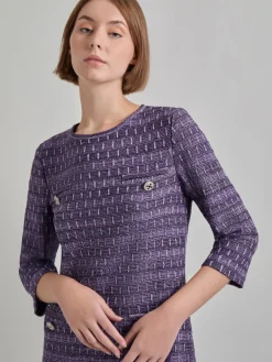 Misook Dresses|Metallic Accent Tweed Knit Shift Dress