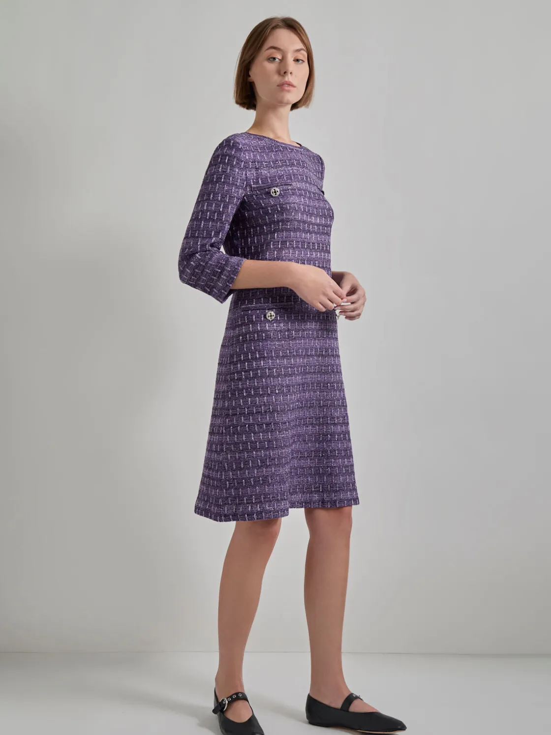 Misook Dresses|Metallic Accent Tweed Knit Shift Dress