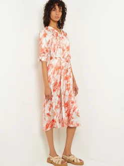 Misook Dresses|Midi A-Line Dress - V-Neck Print Crepe de Chine