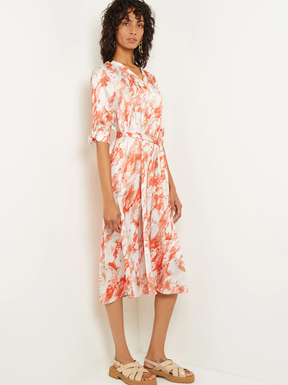 Misook Dresses|Midi A-Line Dress - V-Neck Print Crepe de Chine