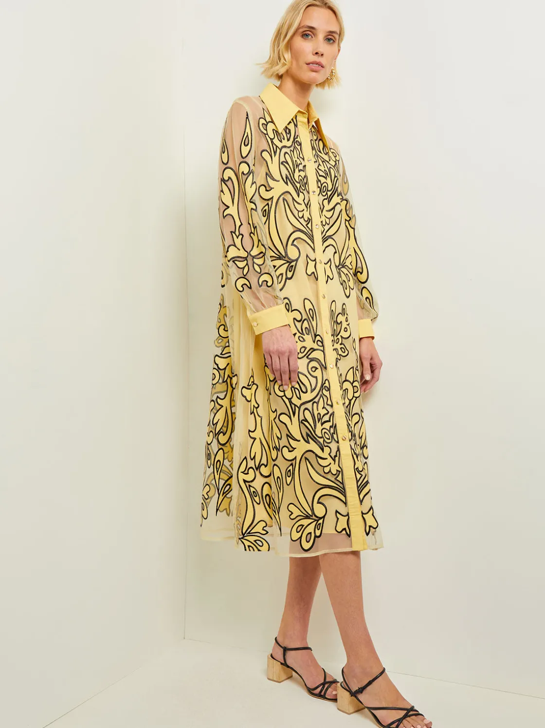 Misook Dresses|Midi Applique Shirtdress - Sheer Woven